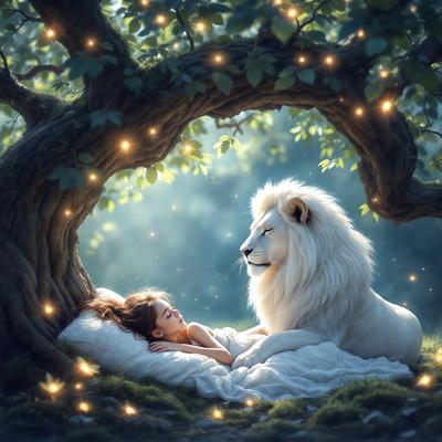 The primary subject of the image is a young girl lying down in a forest, surrounded by a serene and natural environment. The setting includes a tree and a bed, creating a unique and whimsical scene. The visual style of the image is a digital art, which adds a sense of fantasy and imagination to the scene. The colors and mood of the image are predominantly green and calming, reflecting the peaceful atmosphere of the forest.